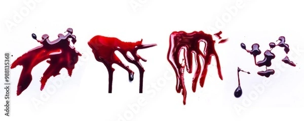 Fototapeta Set of groups, red blood drops on the floor, blood isolated white background, concept of splatter blood, murder bloody, splash,Clipping path, healthcare and medicare.