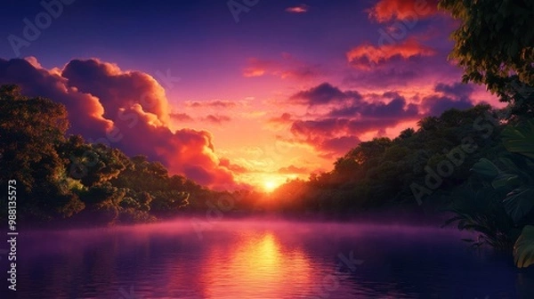 Obraz A serene landscape painting depicts a tranquil lake surrounded by lush greenery, bathed in the warm glow of a sunset. The sky is ablaze with vibrant hues of pink and orange, casting a calming reflecti