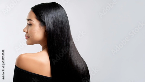 Obraz シャンプーの広告、黒髪の綺麗な女性、白背景
