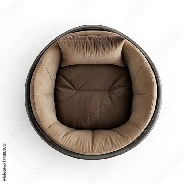 Fototapeta A cozy round chair seen from above, featuring dark brown upholstery with plush fabric cushioning for ultimate comfort and style.