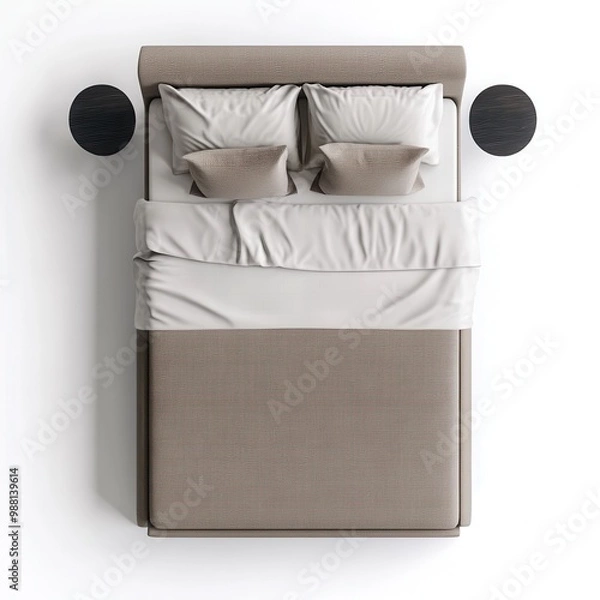 Fototapeta A top-down view of a double bed with a beige upholstered headboard, white pillows, and matching round bedside tables on both sides.