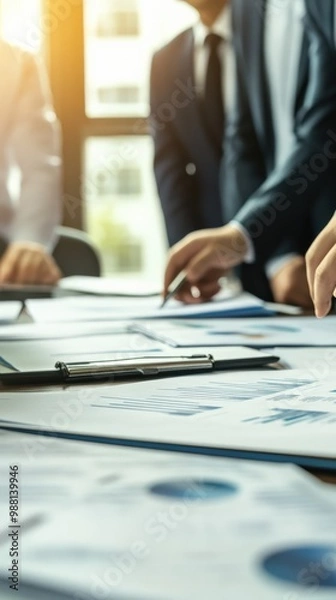 Fototapeta Asian group of people working with documents have financial charts on a board room table at a business presentation