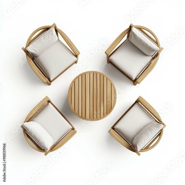 Fototapeta A top-down view of an outdoor wooden patio set featuring four cushioned chairs and a round slatted table, perfect for outdoor gatherings and relaxation.