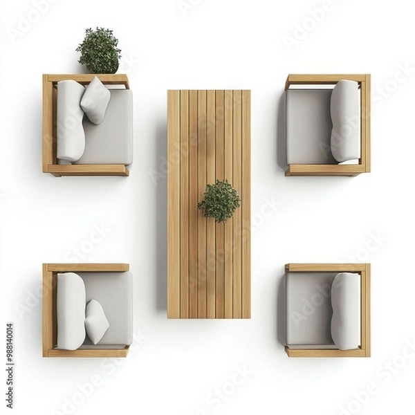 Fototapeta An outdoor wooden patio set featuring four cushioned chairs and a rectangular slatted table, providing a stylish and comfortable setup for outdoor relaxation and gatherings.