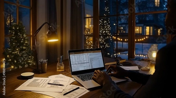 Obraz A person sitting at a desk, filling out a tax form on a laptop