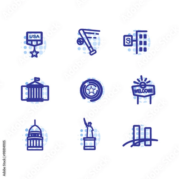 Fototapeta US Elections Icons Set. Editable Stroke Illustrations of United States US President or Congress Elections, Voting Ballot, Voting Ballot Box, Politic Party, Monitoring. Isolated Outline Vector Signs.