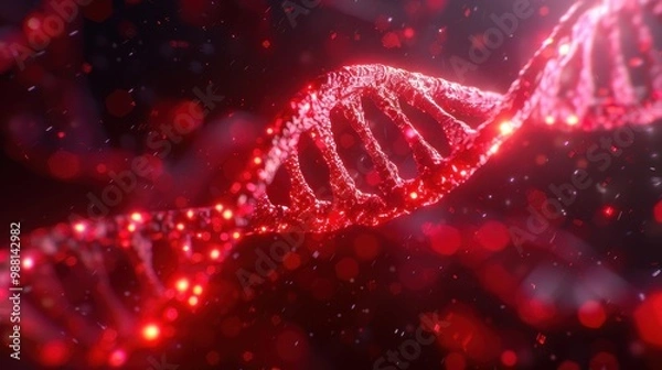 Obraz Glowing DNA strands in a vibrant red and black setting, symbolizing advanced genetic technology, innovation, and the mysteries of life at a molecular level.