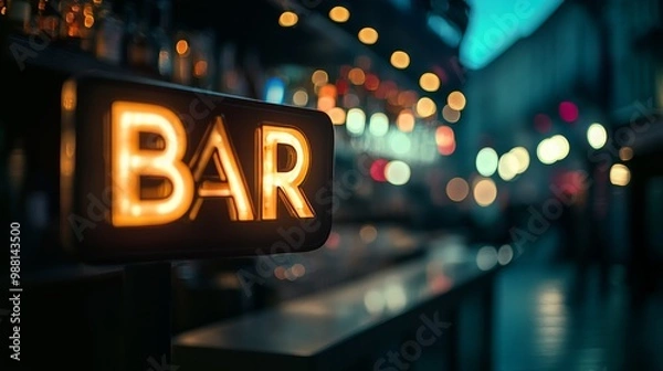 Fototapeta A glowing bar sign illuminated in a lively, blurred nightlife scene, evoking a vibrant atmosphere perfect for socializing.
