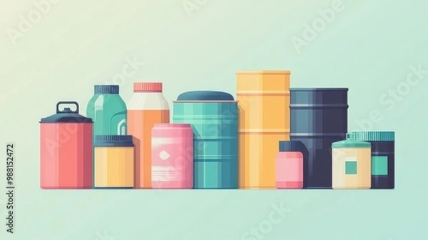 Obraz Modern Vector Containers Set - Plastic, Metal, Wood Barrels with Vibrant Colors on Pastel Background | Simple Geometric Shapes 2D Design
