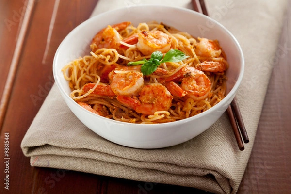 Fototapeta Thai rice noodles with shrimps