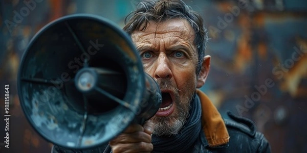 Fototapeta Man with Megaphone in an Urban Setting
