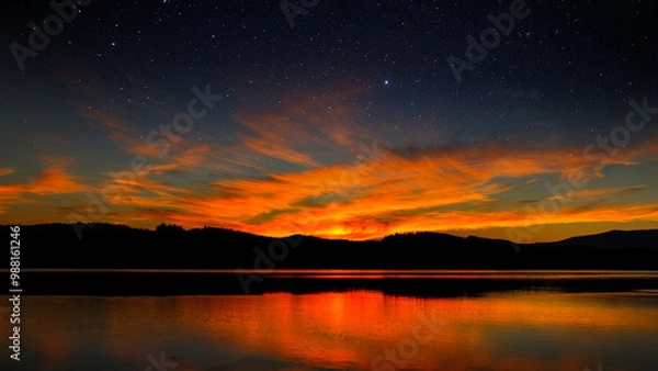 Fototapeta a reflection of sunset sky over a lake, sunset wallpaper for desktop, starry sky with sunset background, mountain silhouette HD 3d wallpaper