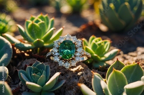 Fototapeta A stunning emerald ring surrounded by diamonds, resting among green succulents in natural sunlight, creating a beautiful contrast between nature and luxury.