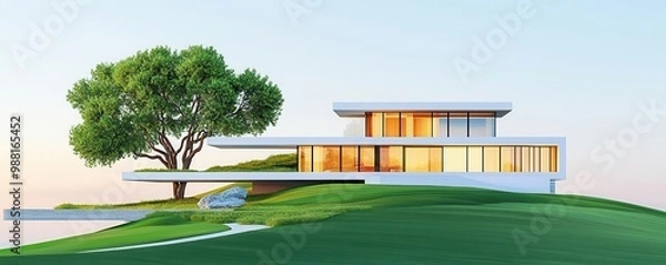 Fototapeta Modern house on a hill, minimalist design with large windows, natural elements balanced with sleek architecture, soft dawn light