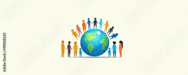 Fototapeta Diverse people forming a circle around the Earth, vector, flat illustration, soft pastel colors, unity and global cooperation