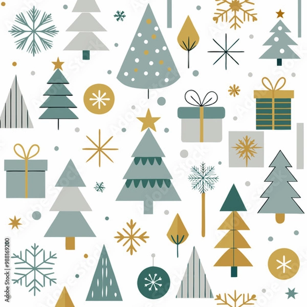 Fototapeta minimalist Christmas seamless pattern using simple, modern shapes and lines. Focus on pared-down holiday elements like abstract Christmas trees, geometric snowflakes, and minimal gift boxes,