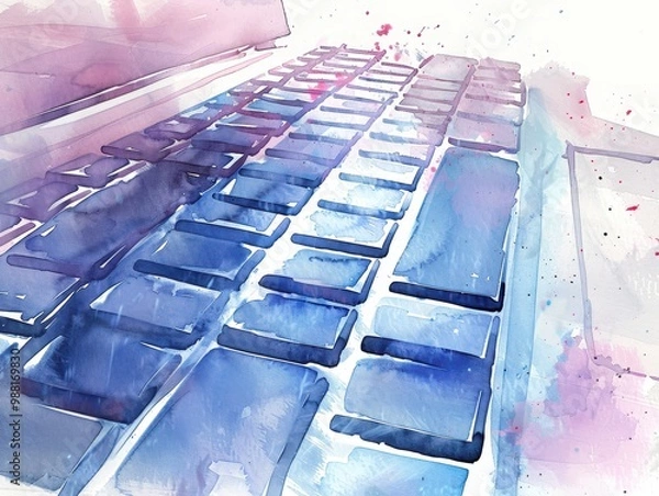 Fototapeta Watercolor painting of a close-up keyboard, typing text, enter information 