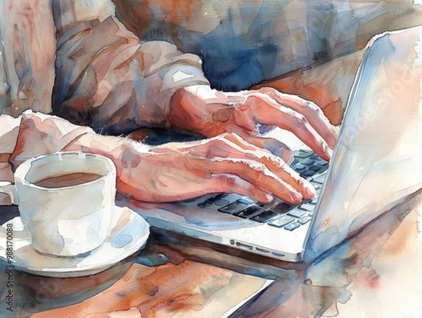 Fototapeta Watercolor painting of a person typing on a laptop computer, typing text, enter information 