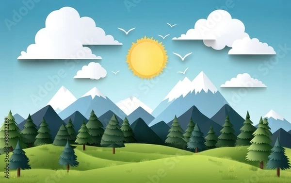 Obraz Stylized mountain scene with sun and clouds