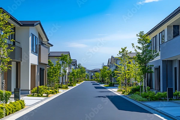 Obraz Scenic view of a modern residential area in Japan, featuring luxury houses and greenery, with a clear blue sky