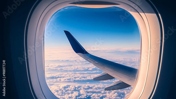 Obraz Airplane window with blue sky and wing