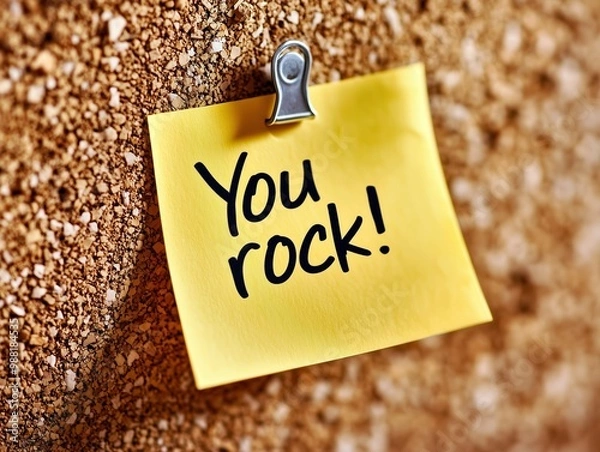 Fototapeta A close-up of a yellow sticky note pinned to a corkboard with a metallic clip, featuring the handwritten message "You rock!"
