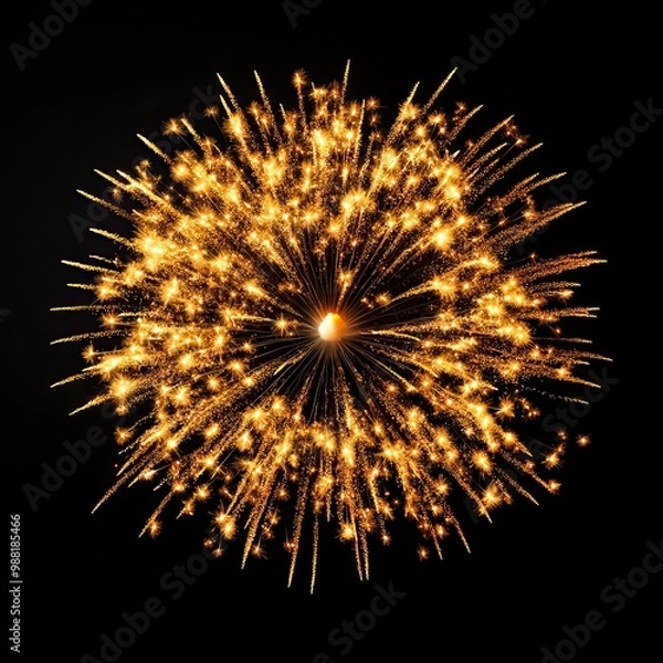 Fototapeta Bright golden fireworks exploding in the night sky, creating a beautiful display of light and color against a dark background.