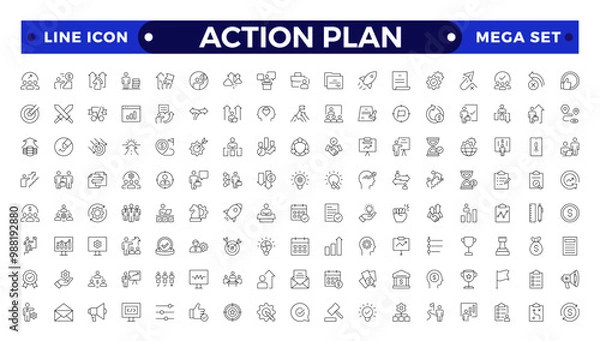 Fototapeta Action plan outline icon set. Containing planning, schedule, strategy, analysis, tasks, goal, collaboration, startup, steps, target and objective icons. Outline icon collection.