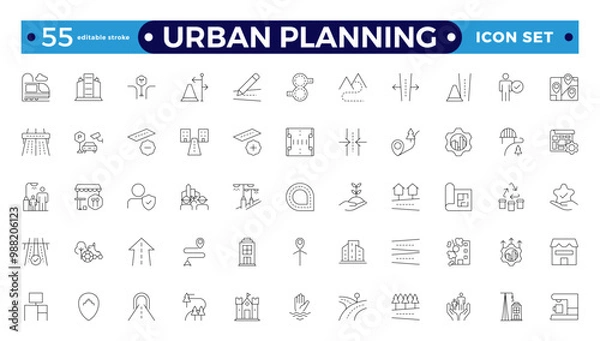 Fototapeta Urban planning Outline icons. City development, smart city infrastructure.plan, urban,dearchitecture, city, construction, building.  Editable stroke outline icon.
