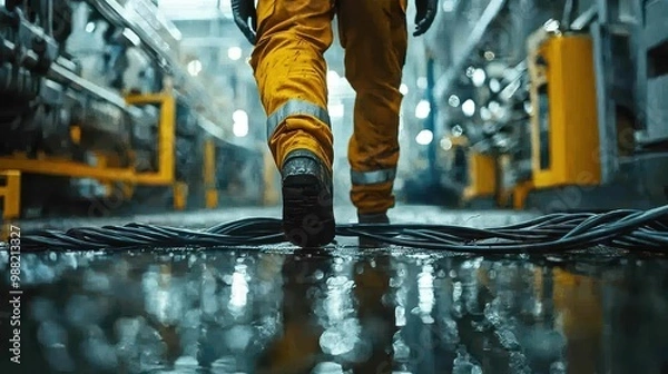 Fototapeta Worker walking over scattered cables on wet factory floor creating unsafe conditions and tripping hazard