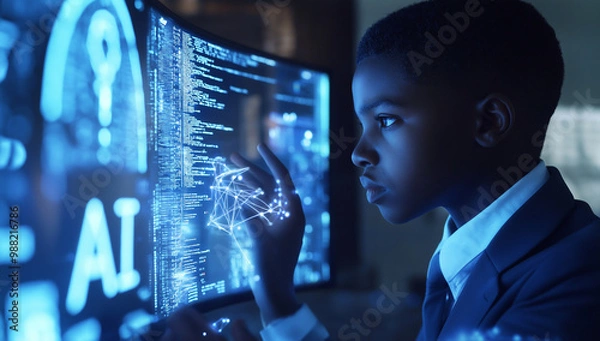 Fototapeta A young boy in a suit is looking at a computer screen with digital graphics