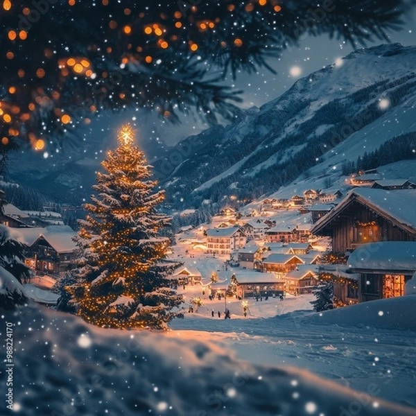 Fototapeta **photo of a a small village in the valley of the hill, snow is falling Christmas,Christmas background. Xmas tree with snow decorated with garland lights, moonlihght, cinematic, relistic, light,backgr