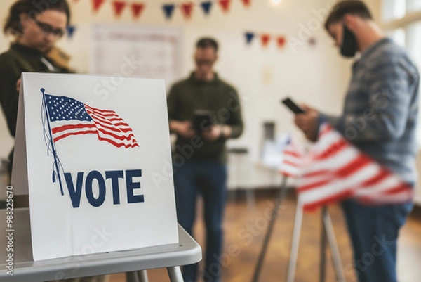 Fototapeta A "VOTE" sign with the American flag, people in a voting booth
