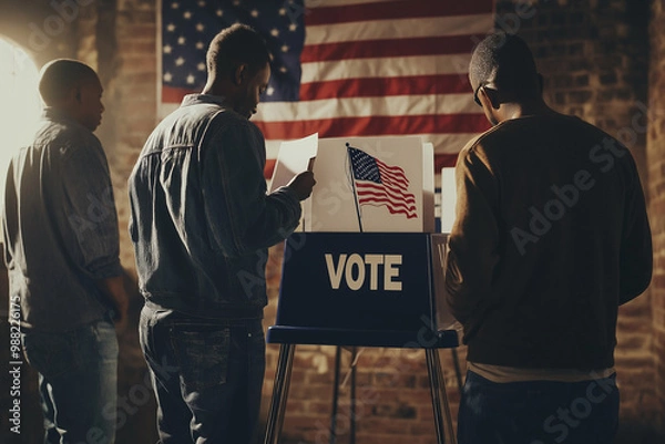 Fototapeta Three men are voting at a polling station with an American flag behind them