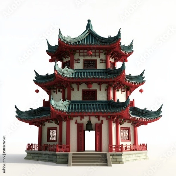 Fototapeta 3D Render of a Chinese temple with traditional drum and bell towers, on isolated white background