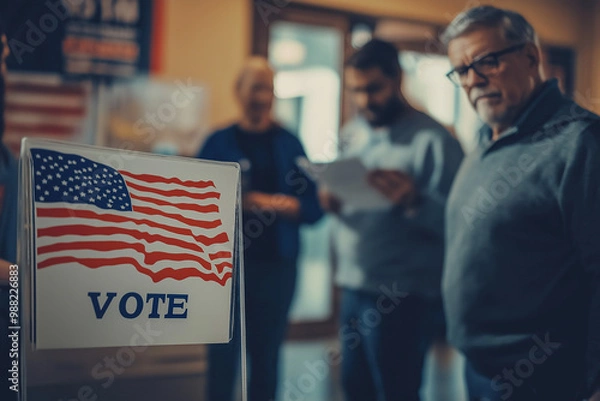 Fototapeta A voting booth with an American flag and the word "vote". People are in the background