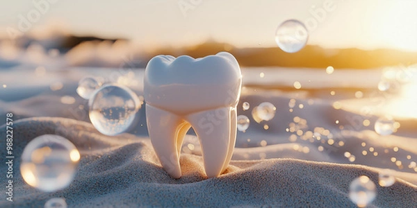 Fototapeta A white tooth on a sandy beach with bubbles