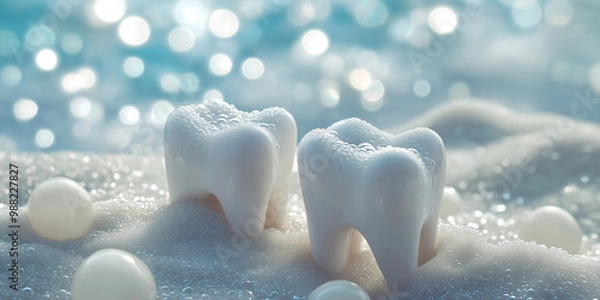 Fototapeta Two white teeth in a snowy, sparkly background