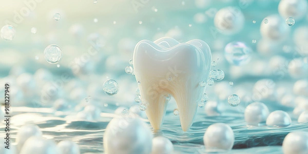 Fototapeta This image shows a white tooth surrounded by bubbles and pearls
