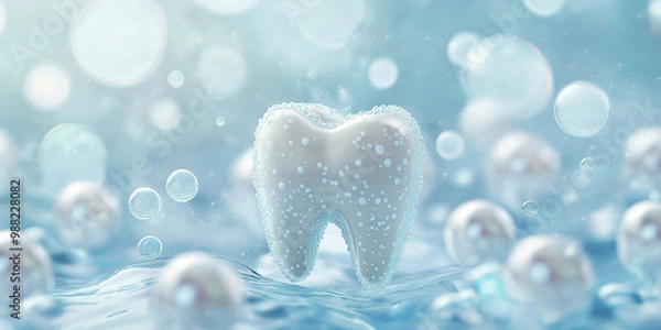 Fototapeta A tooth in a blue watery environment with bubbles and pearls