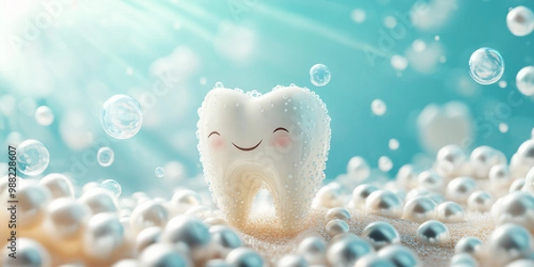 Fototapeta A cartoon tooth with a happy face in a field of bubbles