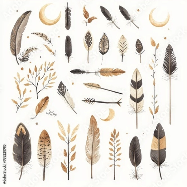 Fototapeta Hand-drawn boho-style clipart collection featuring feathers, moons, and botanical elements