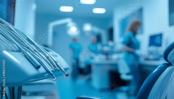Fototapeta This is a picture of a dental office with dental tools and a dental chair