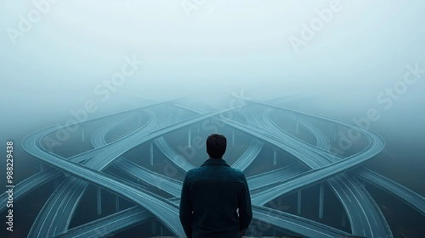 Obraz A solitary figure stands at a foggy intersection of highways, symbolizing choices and uncertainty in modern life.