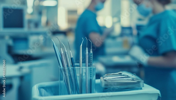 Fototapeta This image shows dental tools in a tray with dentists in the background