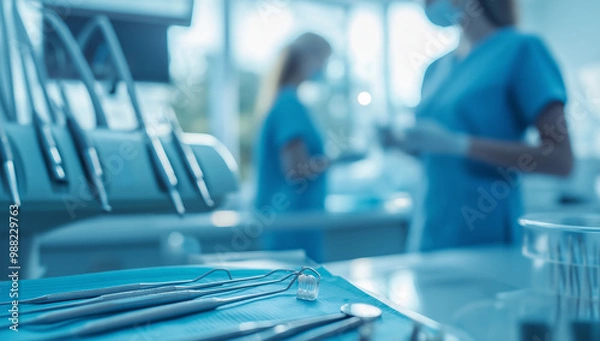 Fototapeta This image shows dental tools on a tray in a dental office. There are also dental professionals in the background