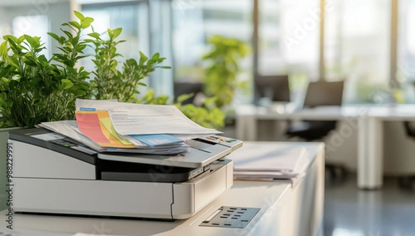 Fototapeta This image shows a white office printer with papers on top and plants nearby
