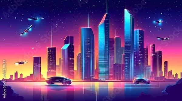 Fototapeta A futuristic city skyline with flying drones and glowing cars, illuminated by neon lights.