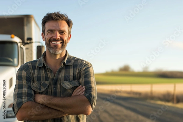 Fototapeta A man with a truck in a farm field. He is smiling and has his arms crossed