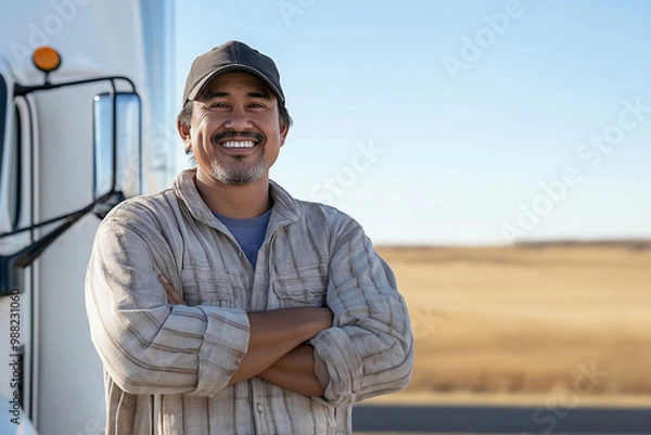 Fototapeta A man in a baseball cap, smiling and standing with his arms crossed in front of a truck